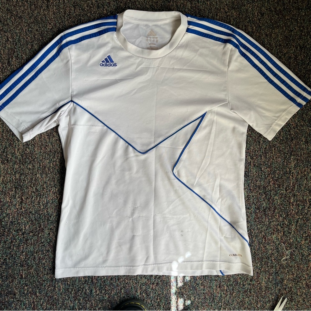 Adidas White Jersey with Blue Stripes